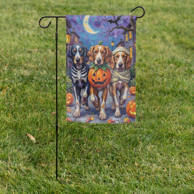 English Setter Trick-or-Treating Halloween Costume Garden Flag (In SItu)