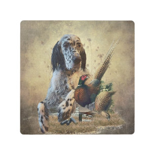 English setter with pheasants, art