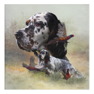 English setter with pheasants, art