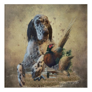 English setter with pheasants, art