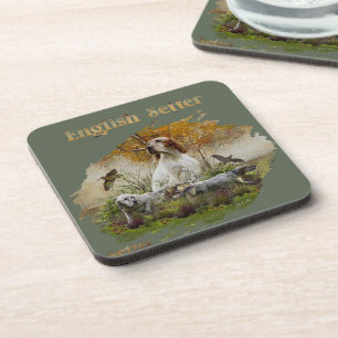 English setter with pheasants, art     beverage coaster