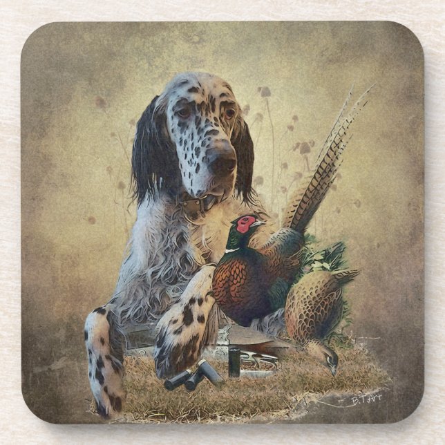 English setter with pheasants, art     beverage coaster (Front)