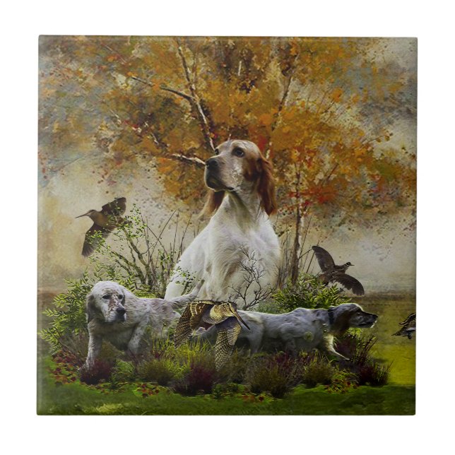 English setter with pheasants, art      ceramic tile (Front)