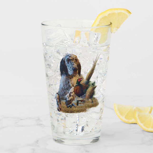 English setter with pheasants, art   glass (Back Ice)