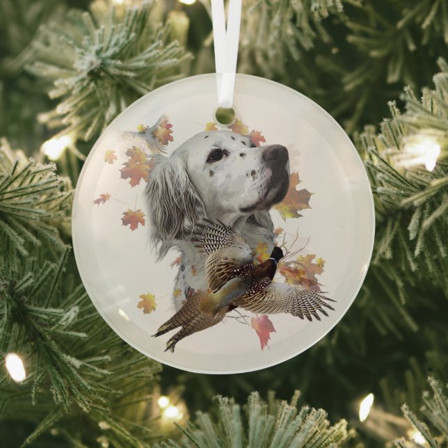English setter with pheasants, art     glass ornament (Insitu)