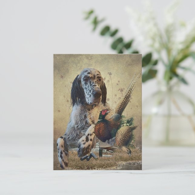 English setter with pheasants, art     holiday postcard (Standing Front)