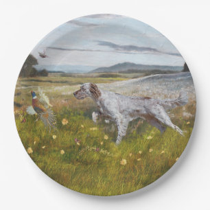 English setter with pheasants, art paper plates