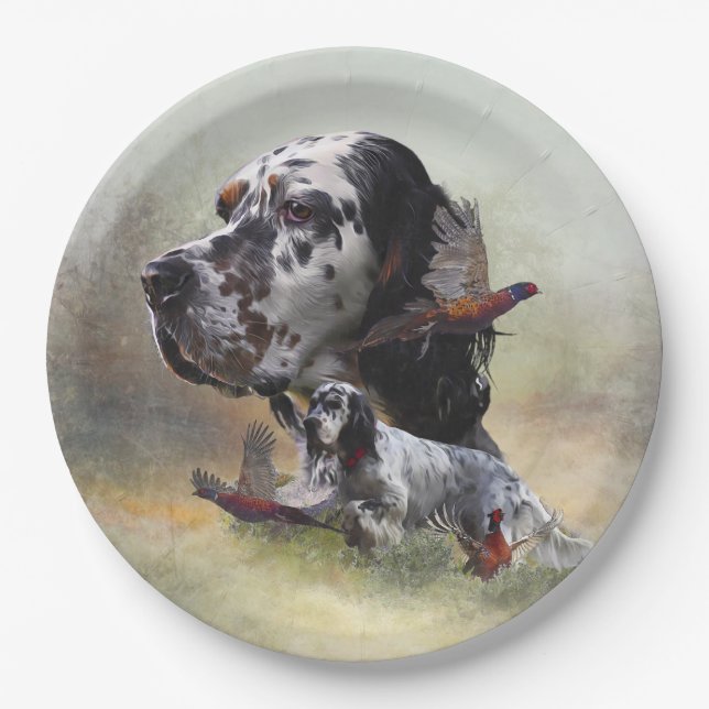 English setter with pheasants, art    paper plates (Front)