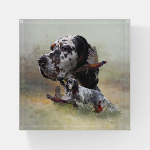 English setter with pheasants, art paperweight