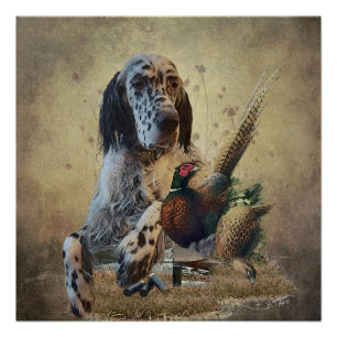 English setter with pheasants, art poster