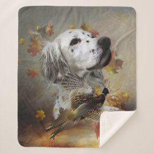 English setter with pheasants, art sherpa blanket