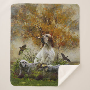 English setter with pheasants, art sherpa blanket