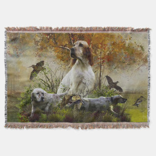 English setter with pheasants, art throw blanket