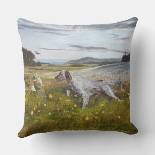 English setter with pheasants, art  throw pillow