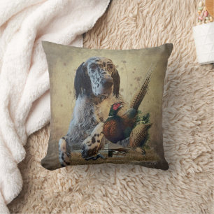 English setter with pheasants, art      throw pillow