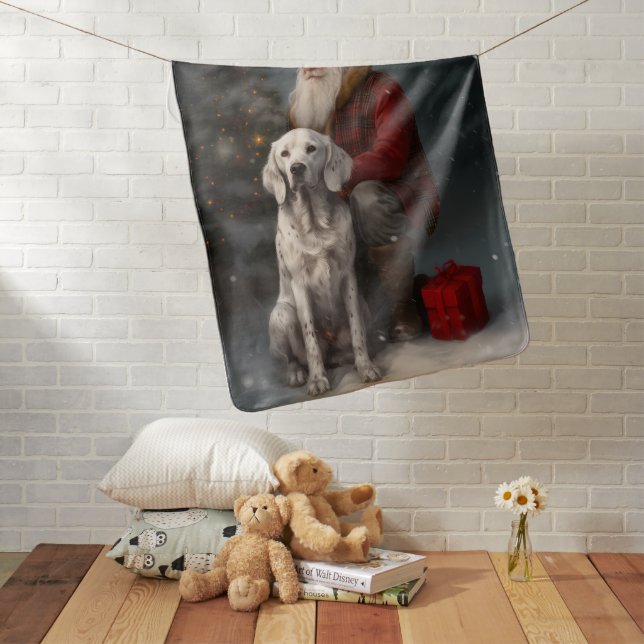 English Setter With Santa Claus Festive Christmas Baby Blanket (In Situ)