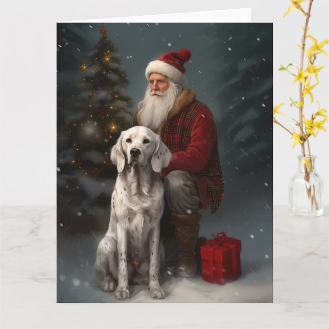 English Setter With Santa Claus Festive Christmas Card (Yellow Flower)
