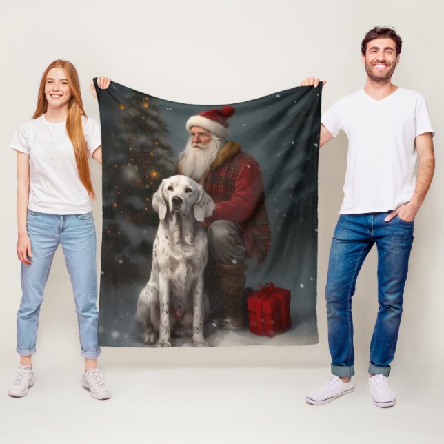 English Setter With Santa Claus Festive Christmas Fleece Blanket (In Situ)