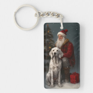 English Setter With Santa Claus Festive Christmas Keychain