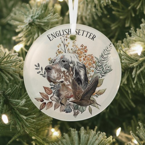 English setter  Woodcock Hunting  Art  Glass Ornament