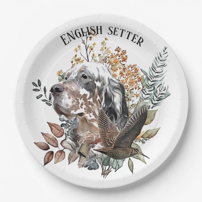 English setter , Woodcock Hunting , Art  Paper Plates (Front)