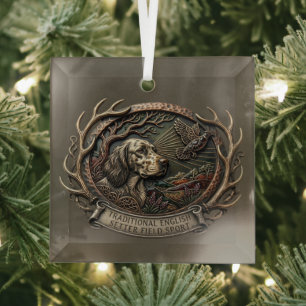 English Setter , woodcock hunting Glass Ornament