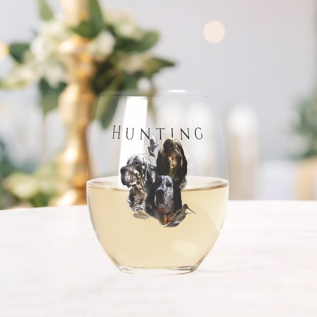 English Setter , woodcock hunting  Stemless Wine Glass (Insitu (Wedding))