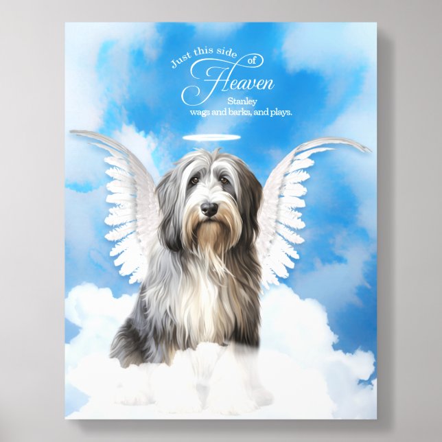 English Sheepdog Angel Wings Name Memorial Acrylic Photo Tile (Front Set)