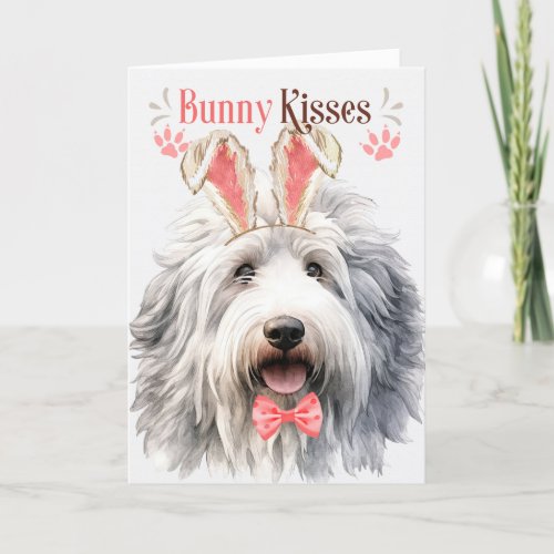 English Sheepdog Dog in Bunny Ears for Easter Holiday Card