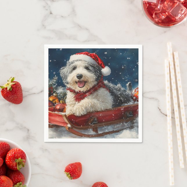 English Sheepdog in Sledge Let it Snow Christmas Napkins (Insitu)