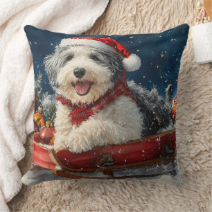 English Sheepdog in Sledge Let it Snow Christmas Throw Pillow