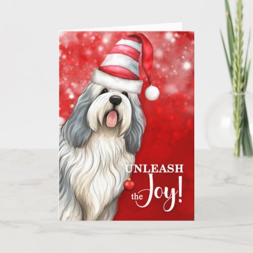 English Sheepdog Unleash the Joy Christmas Holiday Card