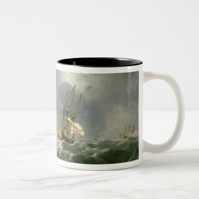 English Ships Running Before a Gale (oil on canvas Two-Tone Coffee Mug (Right)