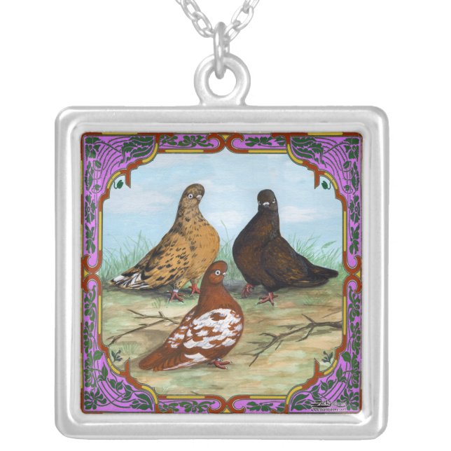 English Shortfaced Pigeons Framed Silver Plated Necklace (Front)