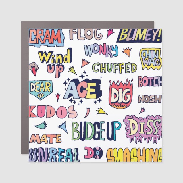 English slang words, doodle lettering car magnet (Front)