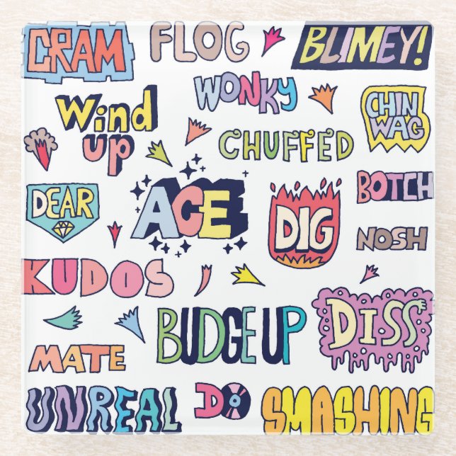 English slang words, doodle lettering glass coaster (Front)