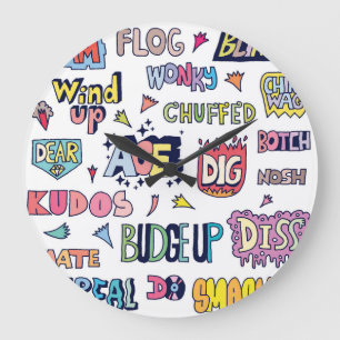 English slang words, doodle lettering large clock