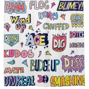 English slang words, doodle lettering shower curtain