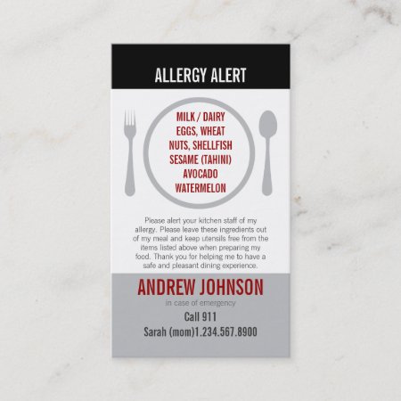 English/spanish Bilingual Allergy Alert Card