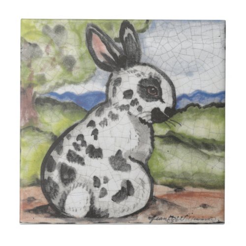 English Spot Rabbit Bunny Black  White Easter Art Ceramic Tile