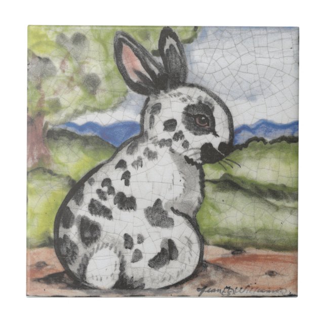 English Spot Rabbit Bunny Black & White Easter Art Ceramic Tile (Front)