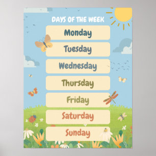 English Spring Days of the Week Classroom  Poster