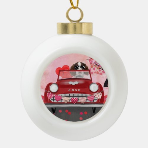 English Springer Spaniel Car Hearts Valentines  Ceramic Ball Christmas Ornament