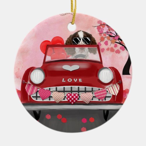 English Springer Spaniel Car Hearts Valentines  Ceramic Ornament