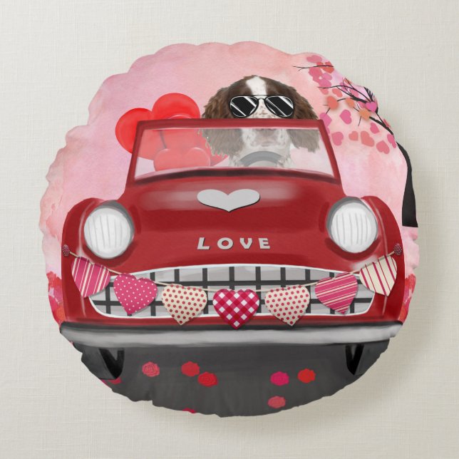 English Springer Spaniel Car Hearts Valentine's  Round Pillow (Front)