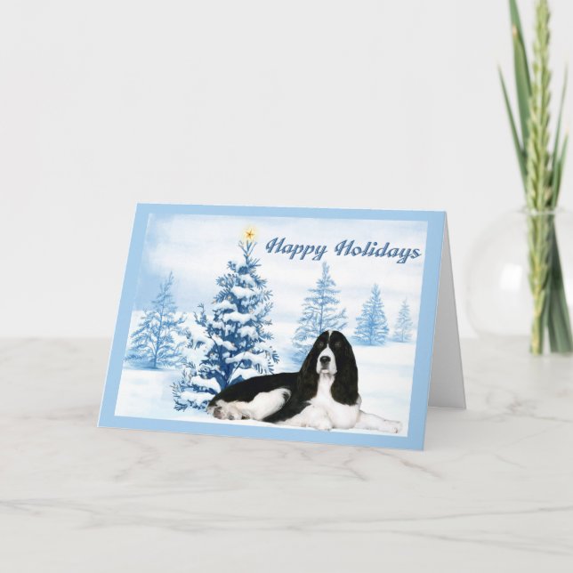 English Springer Spaniel Christmas Card Blue Tree (Front)