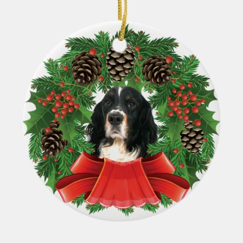 English Springer Spaniel Christmas Holiday Wreath Ceramic Ornament