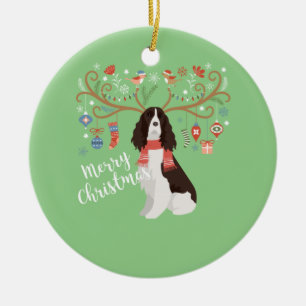 English Springer Spaniel Christmas Reindeer Dog Ceramic Ornament