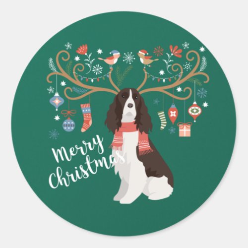 English Springer Spaniel Christmas Reindeer Dog Classic Round Sticker