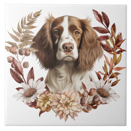 English Springer Spaniel Dog Autumn Wreath Ceramic Tile